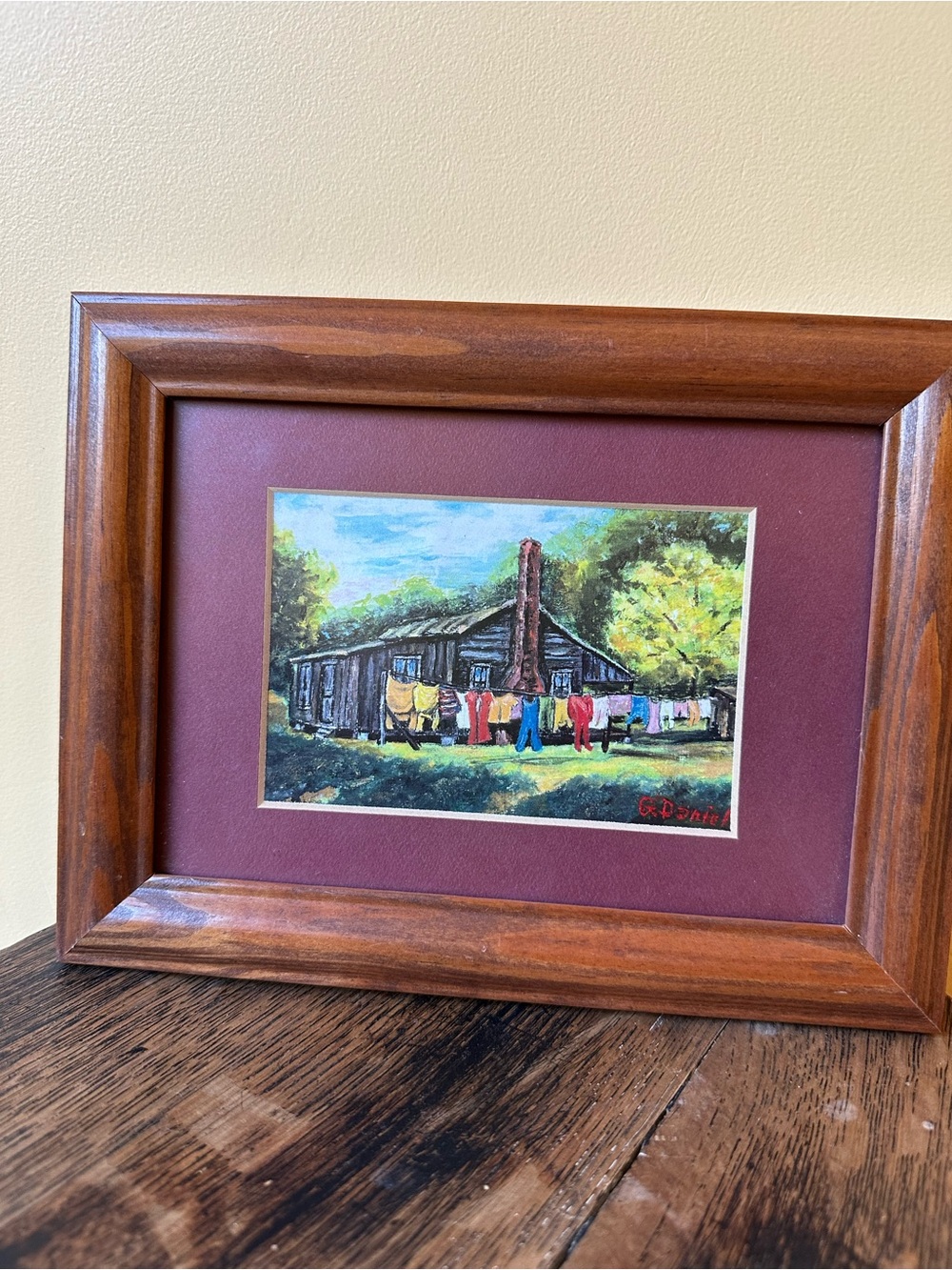 Vintage Signed Folk Art Painting Rustic Cabin Clothesline Framed Americana 7x8.5